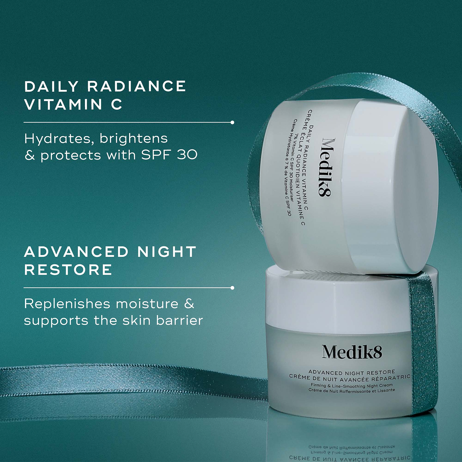 Two Medik8 travel size products stacked and wrapped in a teal ribbon against a teal background, with text highlighting key benefits for each. The top Daily Radiance Vitamin C jar "Hydrates, brightens & protects with SPF 30," and the bottom Advanced Night Restore jar "Replenishes moisture & supports the skin barrier."