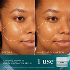 A before-and-after close-up of a participant's cheek area, showing visibly brighter and more radiant skin immediately after use, highlighted by a dotted circle. Text states "Clinically proven to visibly brighten the skin in 1 use." A Daily Radiance Vitamin C jar is shown in the bottom right corner against a teal background with a ribbon.