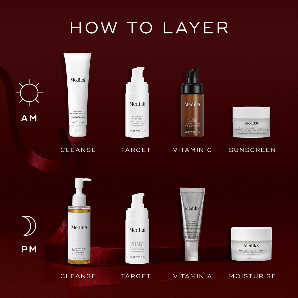 An infographic titled "How to Layer" against a deep red background with a red ribbon. The AM routine shows a Surface Radiance Cleanse tube, Exo-PDRN Prismatic+ pump bottle, C-Tetra Advanced serum bottle, and Daily Radiance Vitamin C jar. The PM routine features a Lipid-Balance Cleansing Oil pump bottle, Exo-PDRN Prismatic+ pump bottle, Crystal Retinal 6 tube, and Advanced Night Restore jar.