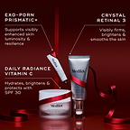 Three Medik8 products wrapped in a red ribbon against a deep red background, with text highlighting key benefits for each. The Exo-PDRN Prismatic+ deluxe sample "Supports visibly enhanced skin luminosity & resilience," the Daily Radiance Vitamin C jar "Hydrates, brightens & protects with SPF 30," and the Crystal Retinal 3 tube "Visibly firms, brightens & smooths the skin."