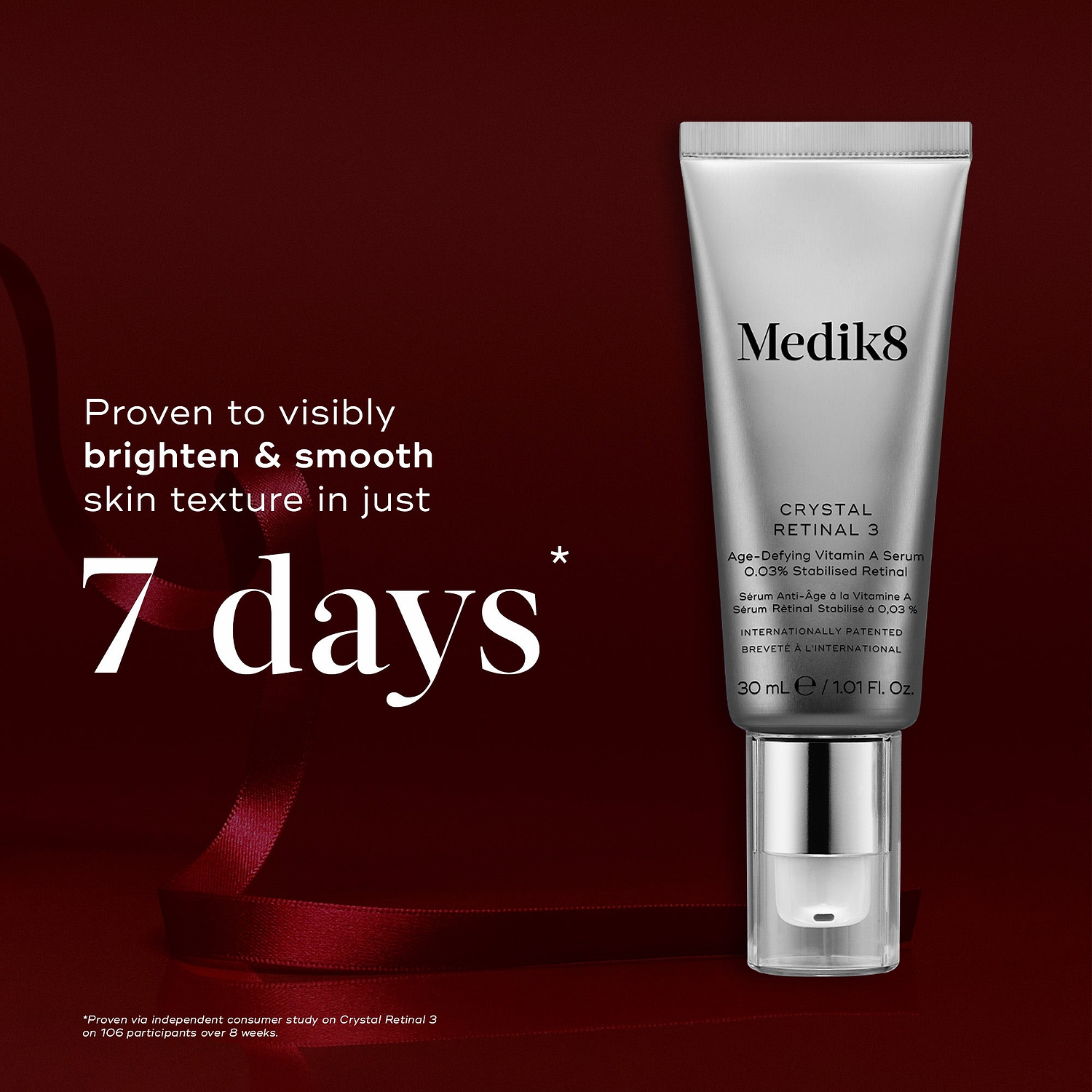 A Crystal Retinal 3 tube displayed against a deep red background with a red ribbon. Text highlights it is "Proven to visibly brighten & smooth skin texture in just 7 days."