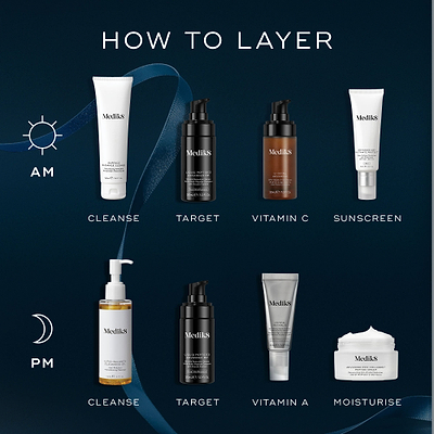 An infographic titled "How to Layer" against a dark blue background with a blue ribbon. The AM routine shows a Surface Radiance Cleanse tube, Liquid Peptides Advanced MP pump bottle, C-Tetra Advanced serum bottle, and Advanced Day Ultimate Protect tube. The PM routine features a Lipid-Balance Cleansing Oil pump bottle, Liquid Peptides Advanced MP pump bottle, Crystal Retinal tube, and Advanced Pro-Collagen+ Peptide Cream jar.