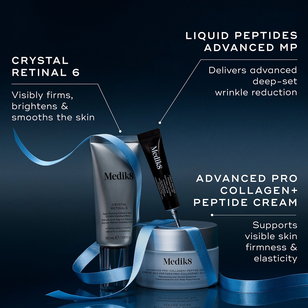 Three Medik8 products wrapped in a blue ribbon against a dark blue background, with text highlighting key benefits for each. The Crystal Retinal 6 tube "Visibly firms, brightens & smooths the skin," the Liquid Peptides Advanced MP deluxe sample "Delivers advanced deep-set wrinkle reduction," and the Advanced Pro-Collagen+ Peptide Cream jar "Supports visible skin firmness & elasticity."