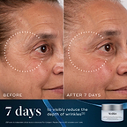 A before-and-after close-up of a participant's eye and cheek area over 7 days, demonstrating reduced wrinkle depth, highlighted by a dotted circle. Text states "7 days to visibly reduce the depth of wrinkles." An Advanced Pro-Collagen+ Peptide Cream jar sits in the bottom right corner against a dark blue background with a blue ribbon.