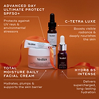 Four Medik8 products displayed against a burnt orange background with an orange ribbon, with text pointing to key benefits for each. Advanced Day Ultimate Protect tube "Protects against UV rays & environmental stressors," C-Tetra Luxe serum bottle "Boosts visible radiance & deeply nourishes the skin," Total Moisture Daily Facial Cream jar "Hydrates, plumps & supports the skin barrier," and Hydr8 B5 Intense serum bottle "Delivers supercharged, long-lasting hydration."