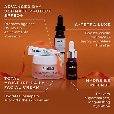Four Medik8 products displayed against a burnt orange background with an orange ribbon, with text pointing to key benefits for each. Advanced Day Ultimate Protect tube "Protects against UV rays & environmental stressors," C-Tetra Luxe serum bottle "Boosts visible radiance & deeply nourishes the skin," Total Moisture Daily Facial Cream jar "Hydrates, plumps & supports the skin barrier," and Hydr8 B5 Intense serum bottle "Delivers supercharged, long-lasting hydration."