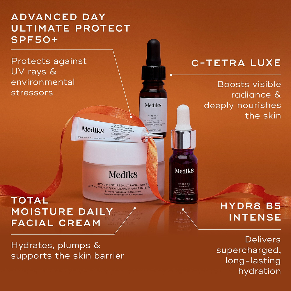 Four Medik8 products displayed against a burnt orange background with an orange ribbon, with text pointing to key benefits for each. Advanced Day Ultimate Protect tube "Protects against UV rays & environmental stressors," C-Tetra Luxe serum bottle "Boosts visible radiance & deeply nourishes the skin," Total Moisture Daily Facial Cream jar "Hydrates, plumps & supports the skin barrier," and Hydr8 B5 Intense serum bottle "Delivers supercharged, long-lasting hydration."