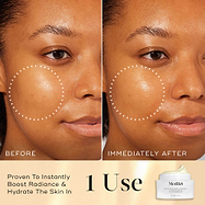 Before and after comparison of a model's face demonstrating the results of Daily Radiance Vitamin C. Dotted white circles highlight a specific area of the cheek to show a visible boost in radiance and hydration immediately after 1 use.