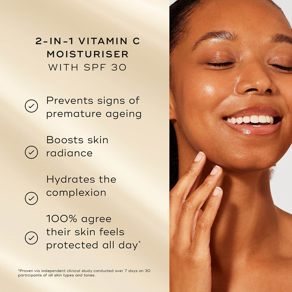 "A model with glowing skin smiles next to a list of product benefits on a soft gold background. Text highlights the 2-in-1 Vitamin C Moisturiser with SPF 30: "Prevents signs of premature ageing, Boosts skin radiance, Hydrates the complexion, 100% agree their skin feels protected all day*"