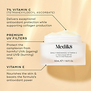 Medik8 Daily Radiance Vitamin C open glass jar displayed against a warm gold background with ingredient callouts. Text highlights 7% Vitamin C (Tetrahexyldecyl Ascorbate) for antioxidant protection and collagen support, Premium UV Filters for UVA and UVB protection, and Vitamin E to nourish the skin and boost antioxidant power.