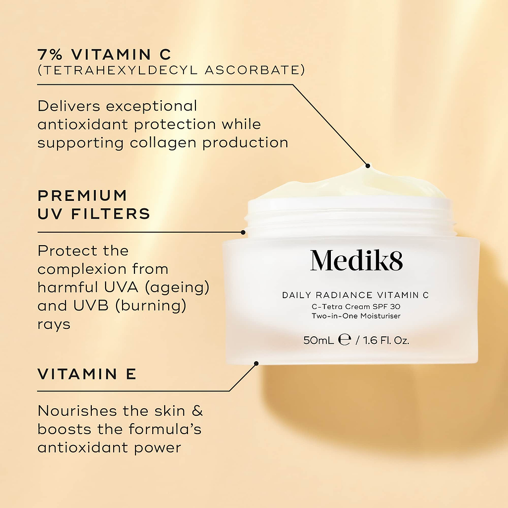 Medik8 Daily Radiance Vitamin C open glass jar displayed against a warm gold background with ingredient callouts. Text highlights 7% Vitamin C (Tetrahexyldecyl Ascorbate) for antioxidant protection and collagen support, Premium UV Filters for UVA and UVB protection, and Vitamin E to nourish the skin and boost antioxidant power.