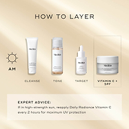 A "How to Layer" AM guide features Medik8 Daily Radiance Vitamin C as the final 'Vitamin C + SPF' step. The routine begins with Surface Radiance Cleanse (Cleanse), followed by Press & Glow (Tone), and Liquid Peptides (Target). Expert advice notes to reapply every 2 hours if in high-strength sun for maximum UV protection.