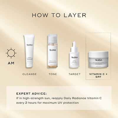 A "How to Layer" AM guide features Medik8 Daily Radiance Vitamin C as the final 'Vitamin C + SPF' step. The routine begins with Surface Radiance Cleanse (Cleanse), followed by Press & Glow (Tone), and Liquid Peptides (Target). Expert advice notes to reapply every 2 hours if in high-strength sun for maximum UV protection.