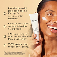 Medik8 Advanced Day Ultimate Protect cream tube is held by a smiling model with a swipe of white cream on her cheek against a warm beige background. Text highlights four key benefits: powerful protection against UV rays and environmental stressors, DNA damage repair following UV exposure, 94% agree it feels like a moisturiser, and 100% experienced no roll-off or pilling.