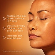 Close-up portrait of a woman with her eyes closed, showcasing a bright and even skin tone. Text highlights that the product "Restores the look of skin radiance in 7 days," delivers a visibly brighter tone, and increases skin youthfulness.