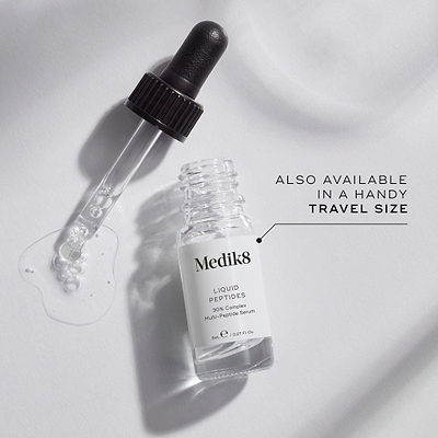 A small clear glass bottle (8mL) of Medik8 Liquid Peptides serum, with its dropper resting beside it. Text indicates it's "ALSO AVAILABLE IN A HANDY TRAVEL SIZE.