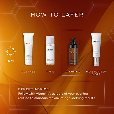 An infographic titled "How To Layer" outlines an AM skincare routine on an orange background. It highlights the "Vitamin C" step featuring C-Tetra Advanced, positioned between "Cleanse" (Surface Radiance Cleanse), "Tone" (Press & Glow), and "Moisturiser & SPF" (Advanced Day Ultimate Protect).