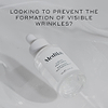 A promotional video for Medik8 Liquid Peptides serum. Text overlays ask "Looking to prevent the formation of visible wrinkles?" and highlight the "30% Complex Multi-Peptide Serum" formula. A model applies the clear liquid serum to her face and neck, with text stating it is "Proven to visibly reduce fine lines & wrinkles in 4 weeks*". Key ingredients like "Matrixyl 3000" and "Drone-Targeted Copper Peptide" are listed alongside the bottle.