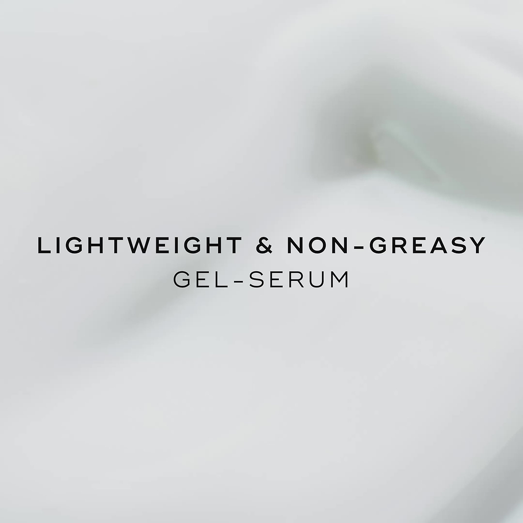 A close-up video showing a thick, white, creamy gel-serum texture being swiped across a white surface. Text overlay states "LIGHTWEIGHT & NON-GREASY GEL-SERUM."