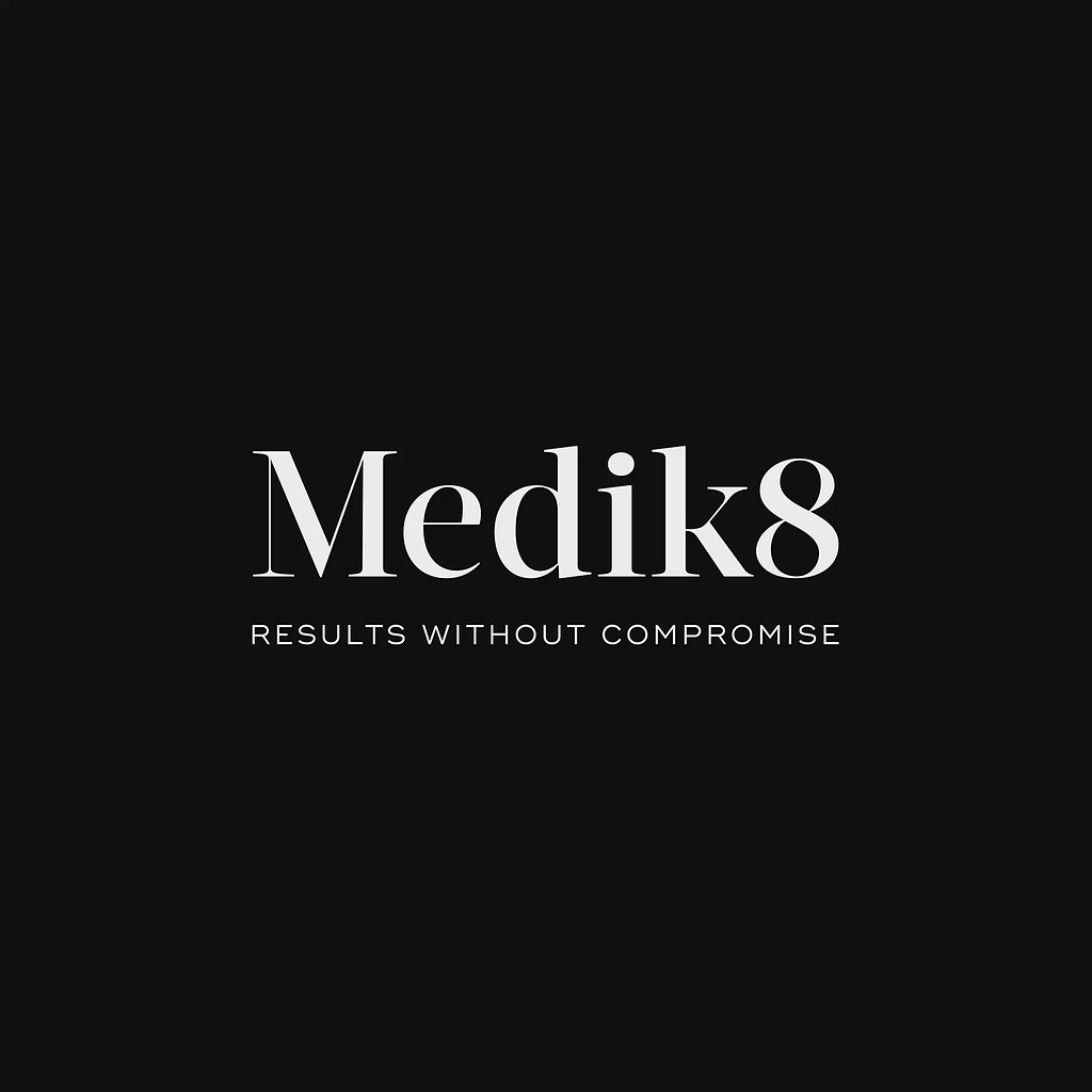 A promotional video for Medik8 Niacinamide Peptides serum. It features product shots, models applying the serum, and before-and-after visuals demonstrating clearer skin. Text overlays highlight ingredients like "10% Niacinamide" and benefits such as "Balance Excess Oil" and "Glass-like Glow."