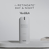 A video features the Medik8 r-Retinoate® Day & Night airless pump bottle. Text says "GROUNDBREAKING 3 IN 1 LUXE SERUM" that stimulates collagen and skin cell turnover with stabilized vitamin C and multi-weight hyaluronic acid. It claims to be "8X MORE POWERFUL THAN STANDARD RETINOL*," yet "POWERFUL YET GENTLE, EVEN ON SENSITIVE SKIN." The video shows application on a hand, confirms use "both morning & night," promises visibly reduced lines and wrinkles, and suggests pairing with r-Retinoate Day & Night Eye.