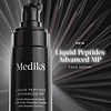 Medik8 Liquid Peptides Advanced MP serum bottle stands against a dark, radial-patterned background. The video transitions to show a close-up of the serum being applied to a participant's cheek. Before and after images highlight clinically proven results in 10 minutes and 8 weeks, showing a visible reduction in expression lines and deep-set wrinkles. A graphic illustration of the "Dual MiniProtein" technology shows growth factors penetrating skin cells to visibly plump and firm. 