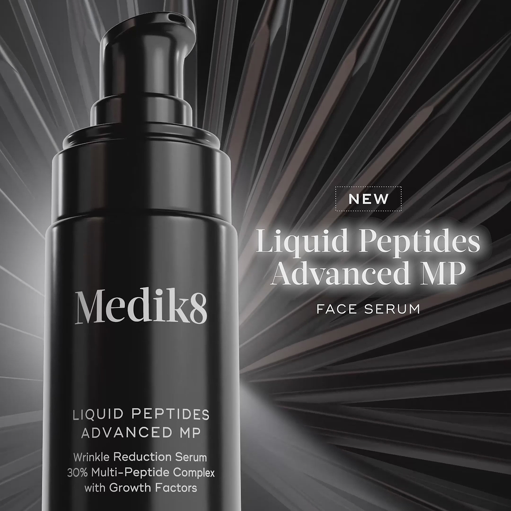Medik8 Liquid Peptides Advanced MP serum bottle stands against a dark, radial-patterned background. The video transitions to show a close-up of the serum being applied to a participant's cheek. Before and after images highlight clinically proven results in 10 minutes and 8 weeks, showing a visible reduction in expression lines and deep-set wrinkles. A graphic illustration of the "Dual MiniProtein" technology shows growth factors penetrating skin cells to visibly plump and firm. 